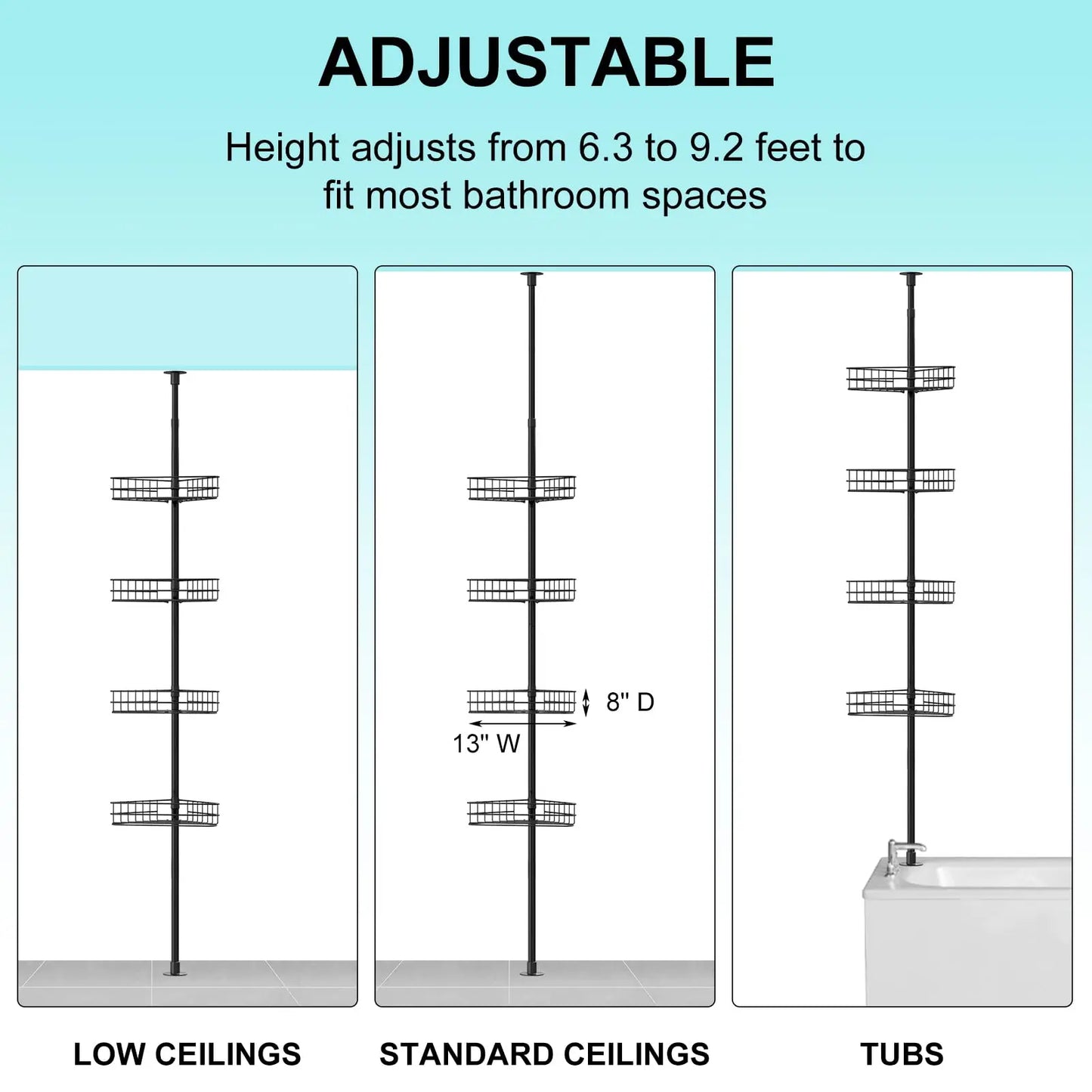 76 in-110 in Adjustable Bathroom Organizer Shelves, 4-Tier Bathroom Shelves with Built-In Towel Bars to Space-Saving, Black