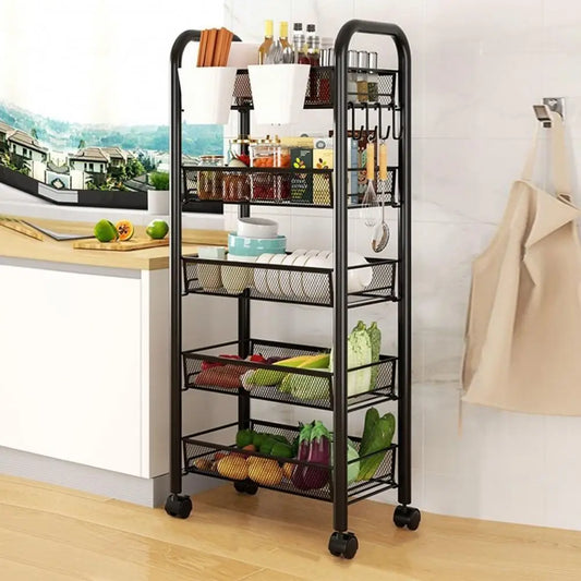 Fruit and vegetable storage basket, 5-layer stackable metal mesh storage basket with wheels, used in kitchen and living room