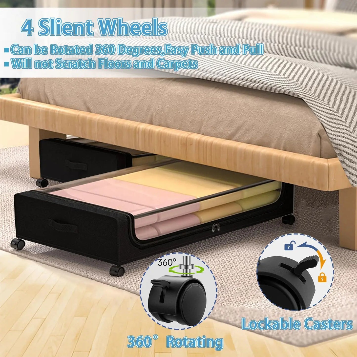 Under Bed Storage With Wheels, 2-Pack 48L Each Under The Bed Storage Containers With Clear Lids & Label, Underbed Storage Bins