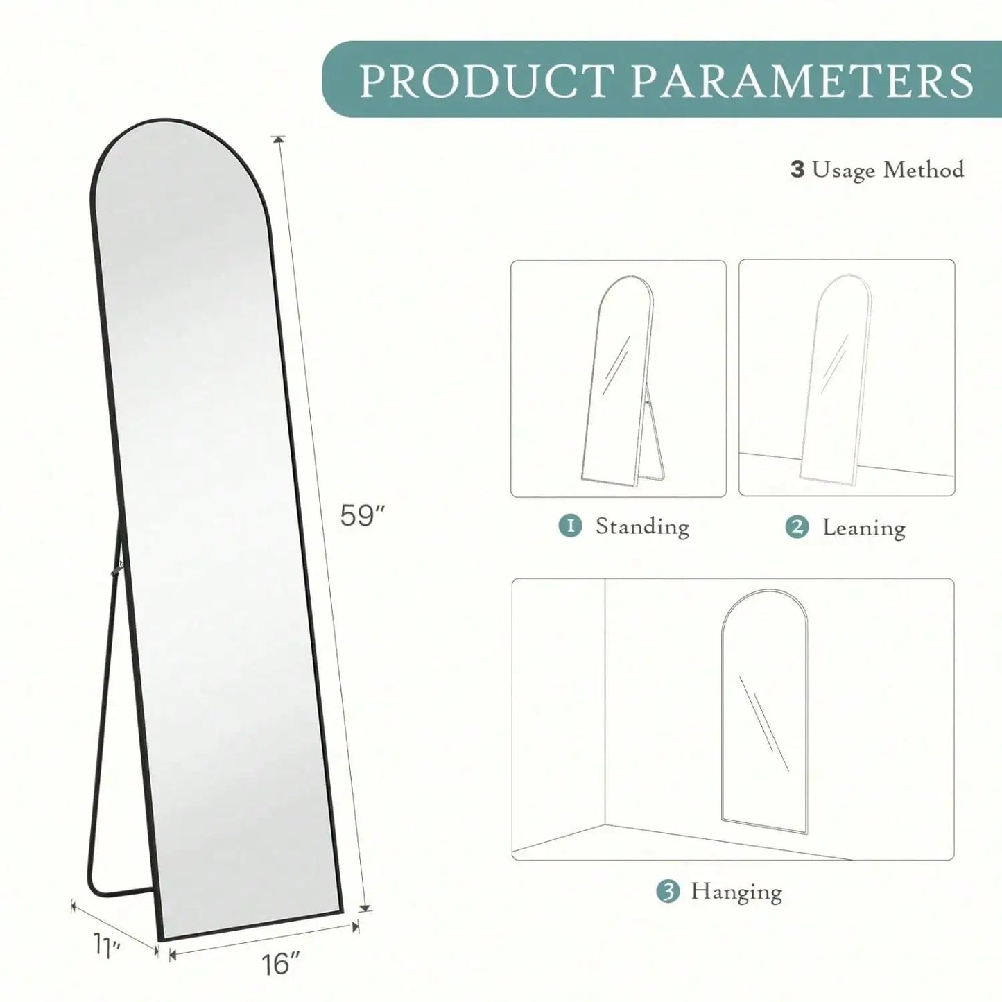 59"X16" High-Quality Arched Full Length Mirror, Aluminum Alloy Frame Ensures Stability, Standing Design For Bedroom, Black