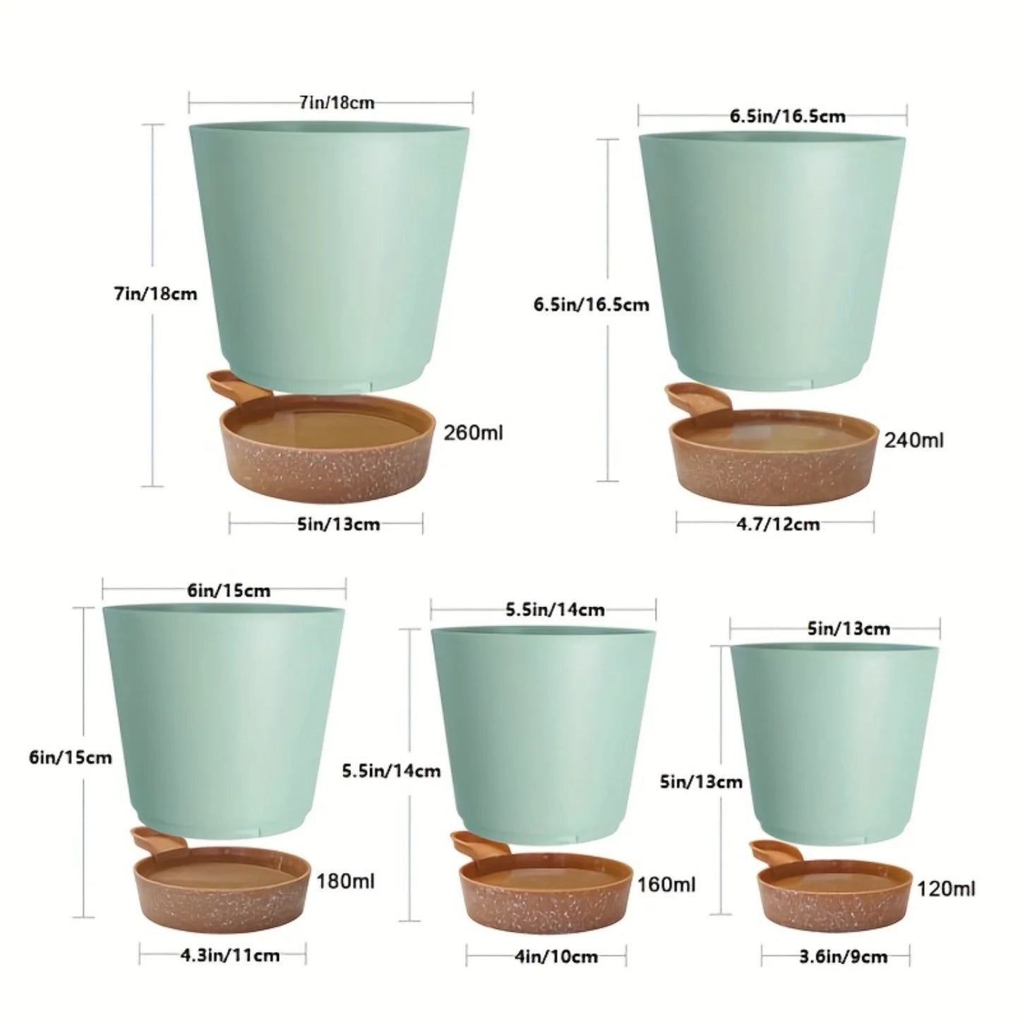 Self Watering Planters Set for Indoor Plants with Drainage Hole, Plastic Flower Pots for Succulents, African Violet - 5pcs (Gree