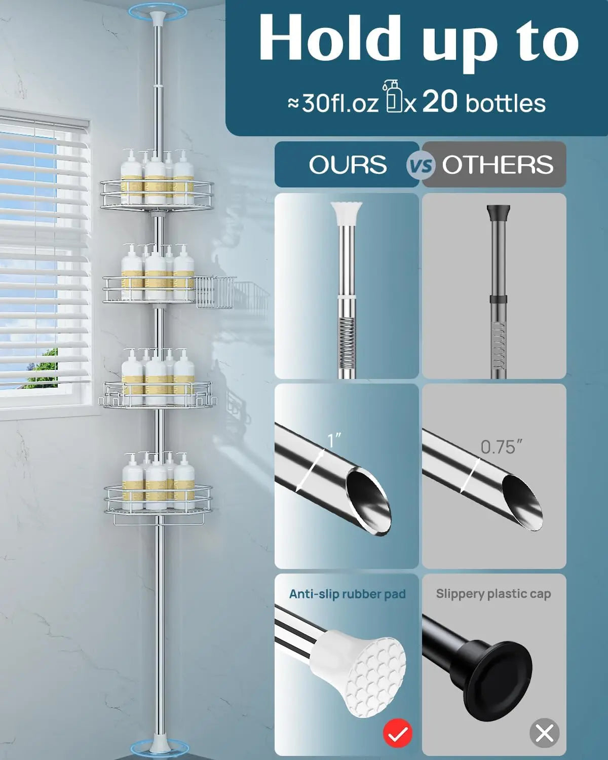 Corner Shower Caddy Tension Pole, Quick Setup Rust-Free Organizer for Bathroom Shampoo Storage, 4-Tier Adjustable Shelf Drill