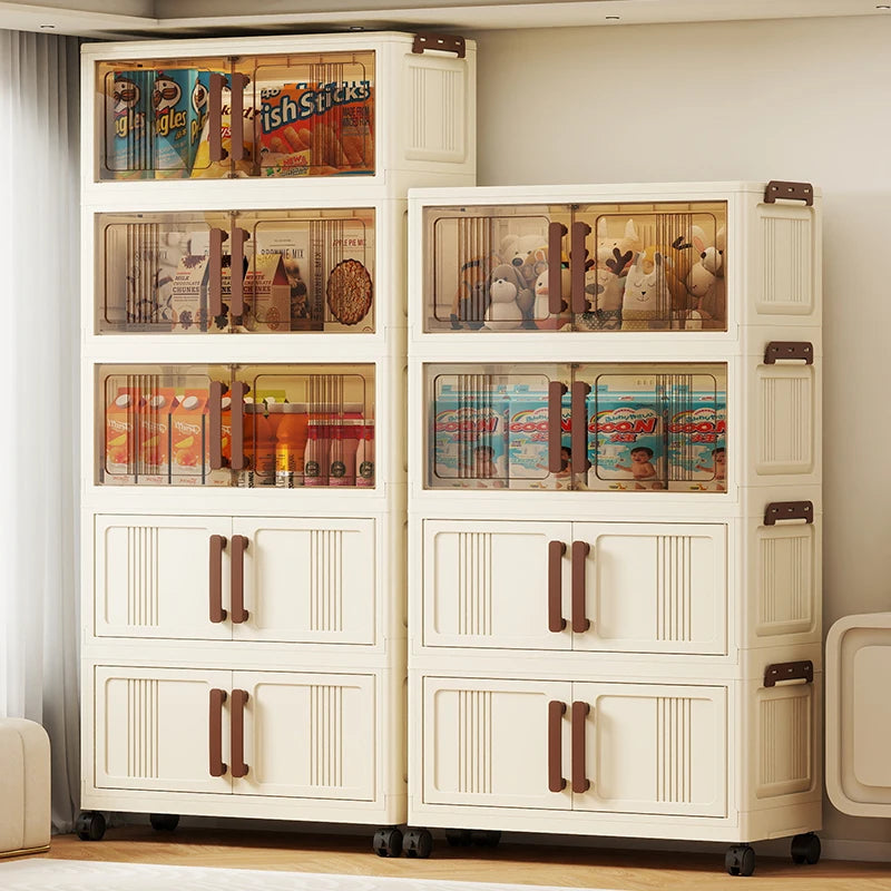 Foldable storage cabinet - movable multi-level double-door storage cabinet - living room and kitchen transparent storage box