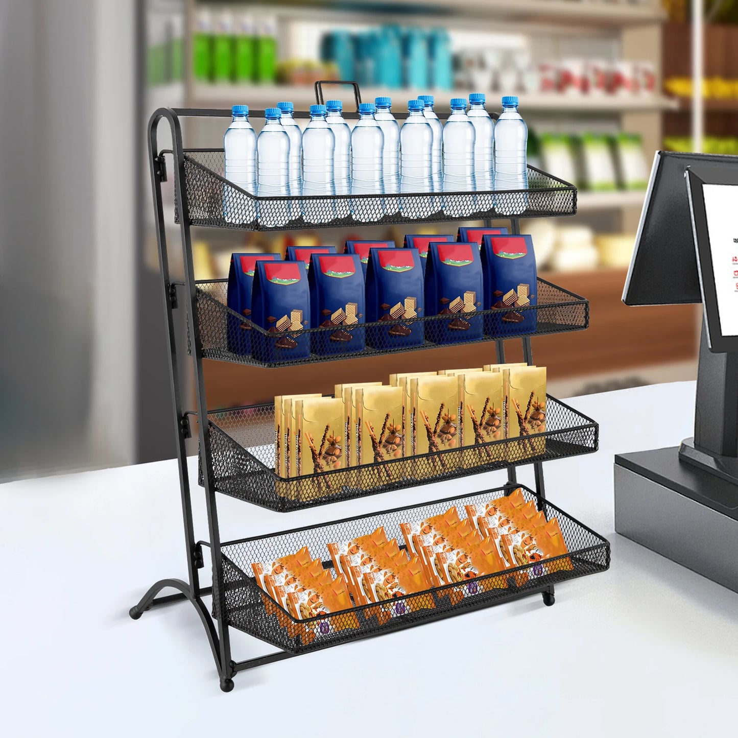 Mutifunctional Storage Basket 4Tiers Retail Candy Display Rack,Counter Groceries Display Shelf for Stores Office