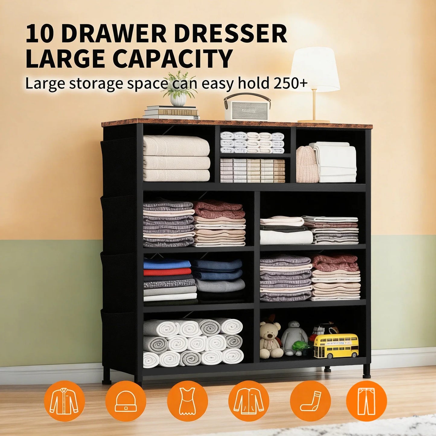 JHK Living Room 10 Fabric Drawers With Side Bag Cabinet Storage Organizer Cabinet Steel Frame Assembly Closet For Furniture