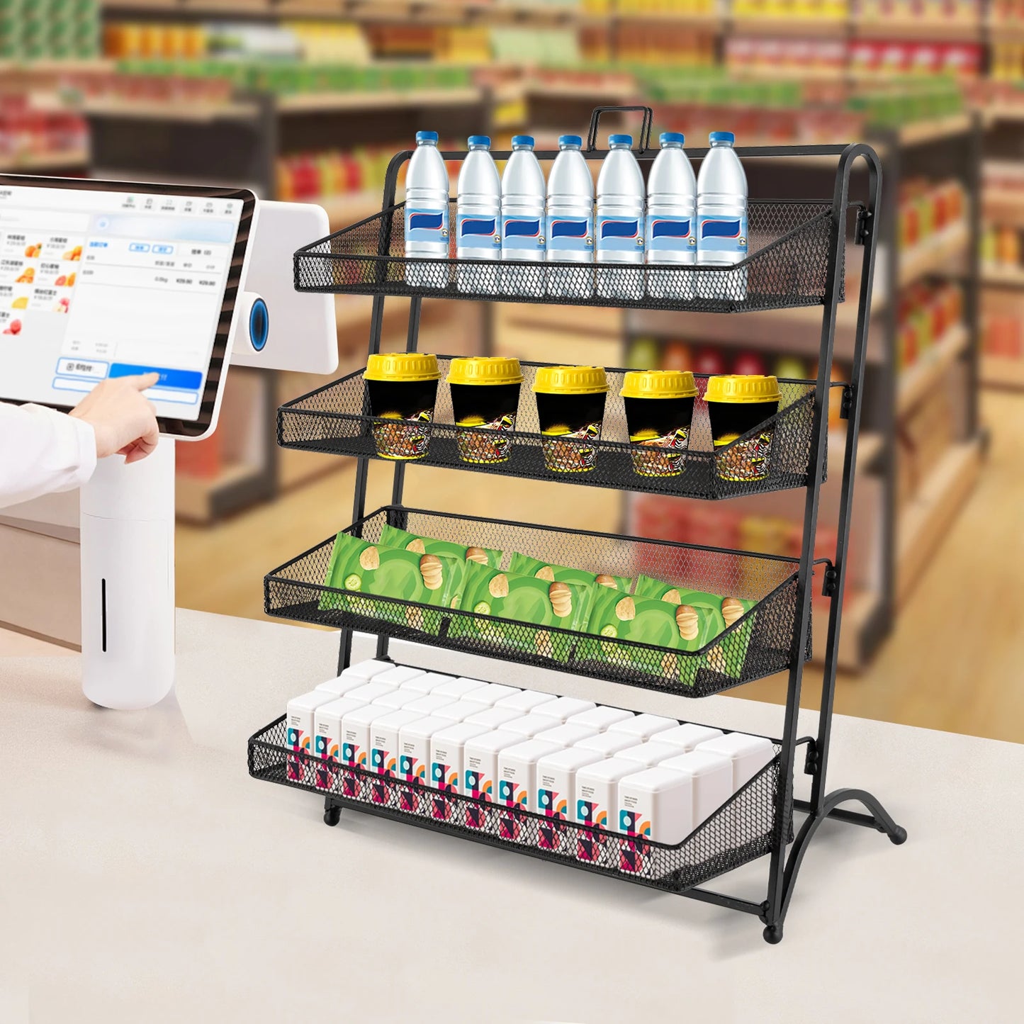 Mutifunctional Storage Basket 4Tiers Retail Candy Display Rack,Counter Groceries Display Shelf for Stores Office