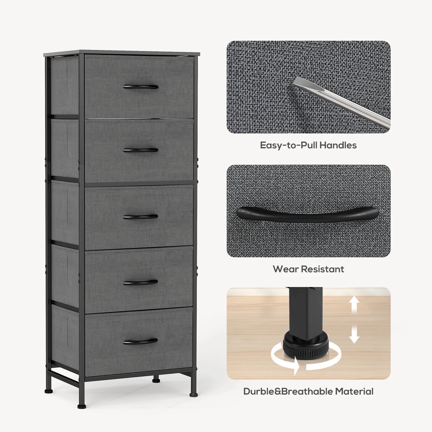 JHK 5 Fabric Drawers Cabinet For Living Room 48IN Drawers Beside Nightstand Tables Storage Closet Chest Clothes Display Of Furni
