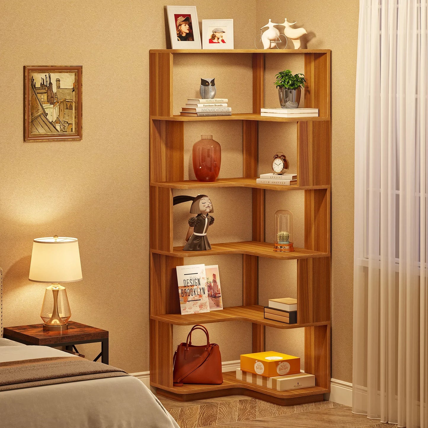 Tribesigns 6 Tier Corner Bookshelf, 64.96 Inch Tall Industrial Corner Bookcase with Anti-Drop Panel,Wood Grain Corner Shelf