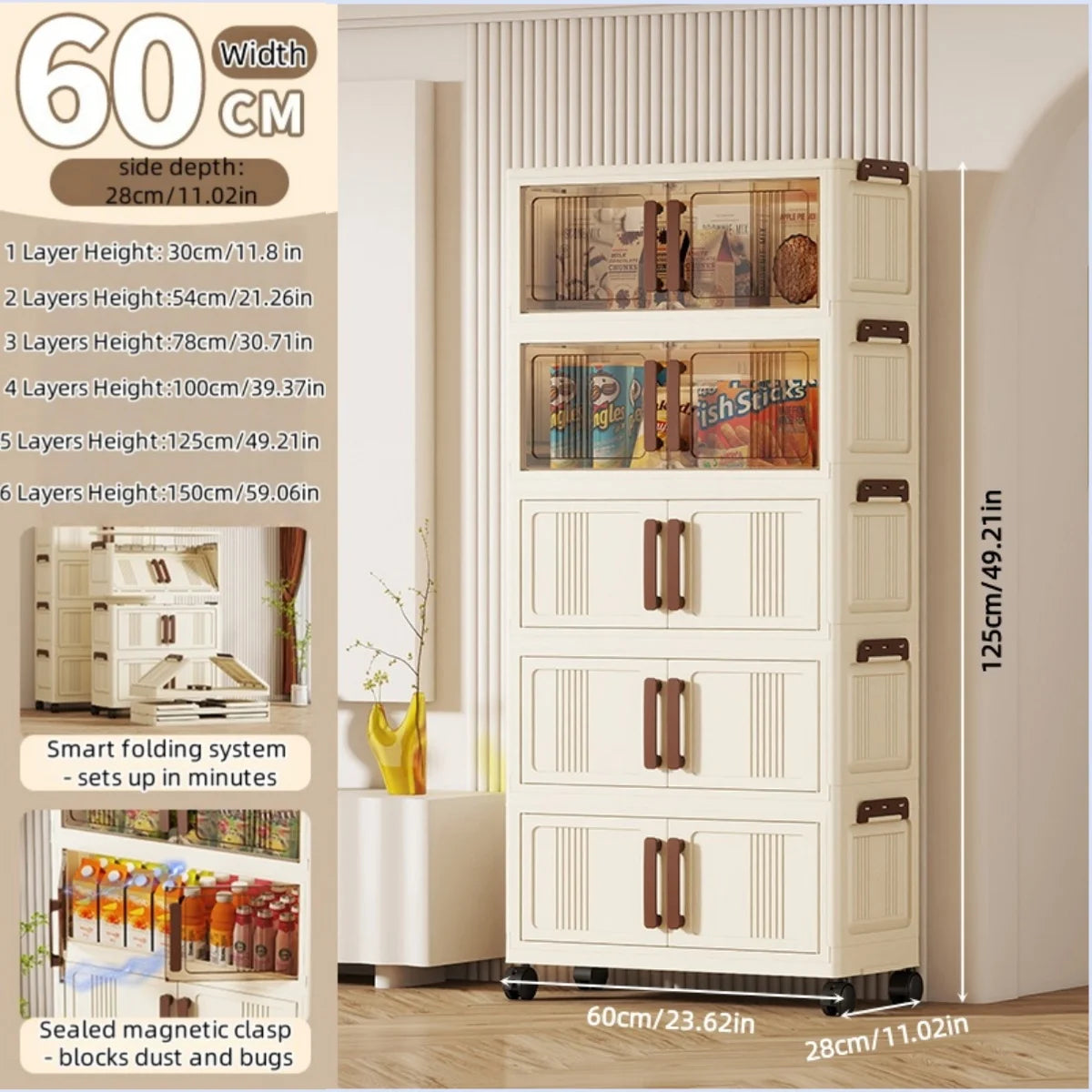 Foldable storage cabinet - movable multi-level double-door storage cabinet - living room and kitchen transparent storage box
