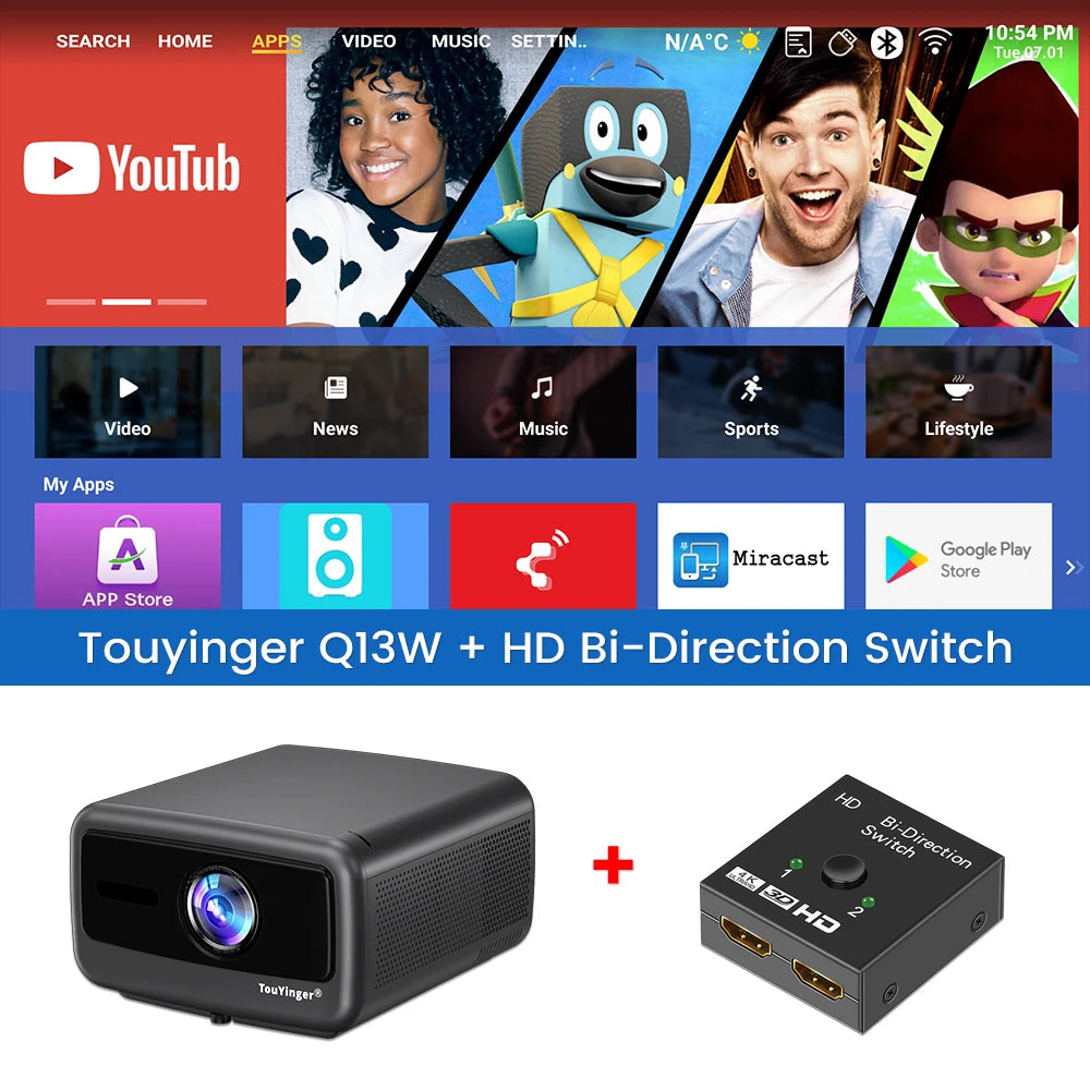 Touyinger Q13W 3800ANSI Full HD 4K Decoder Android 15 Support MEMC Smart TV Home Theater Fully Sealed Optical Projector