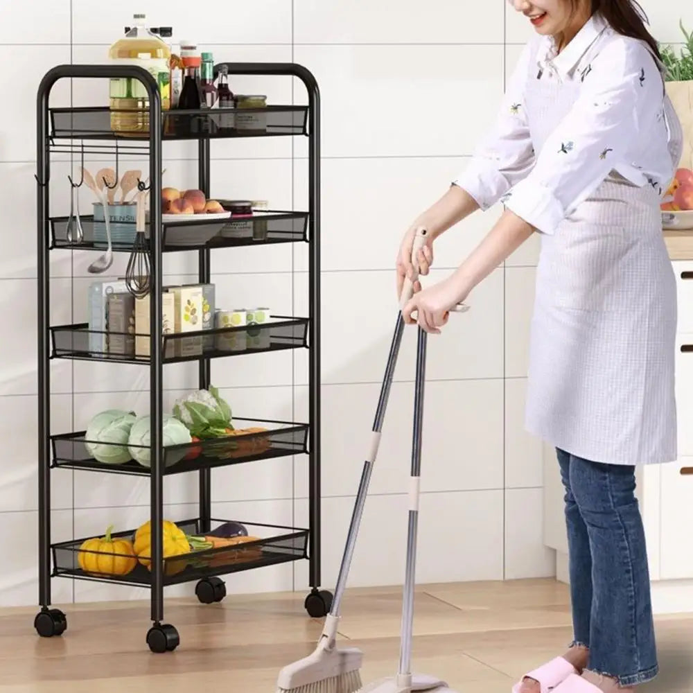 Fruit and vegetable storage basket, 5-layer stackable metal mesh storage basket with wheels, used in kitchen and living room