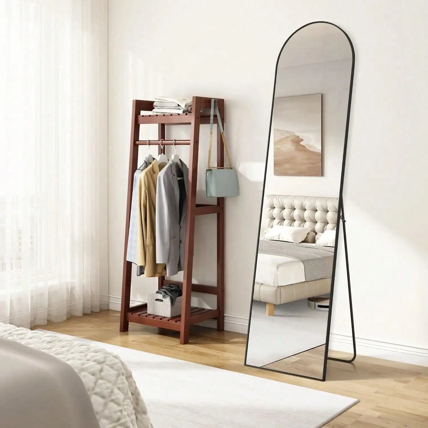 59"X16" High-Quality Arched Full Length Mirror, Aluminum Alloy Frame Ensures Stability, Standing Design For Bedroom, Black