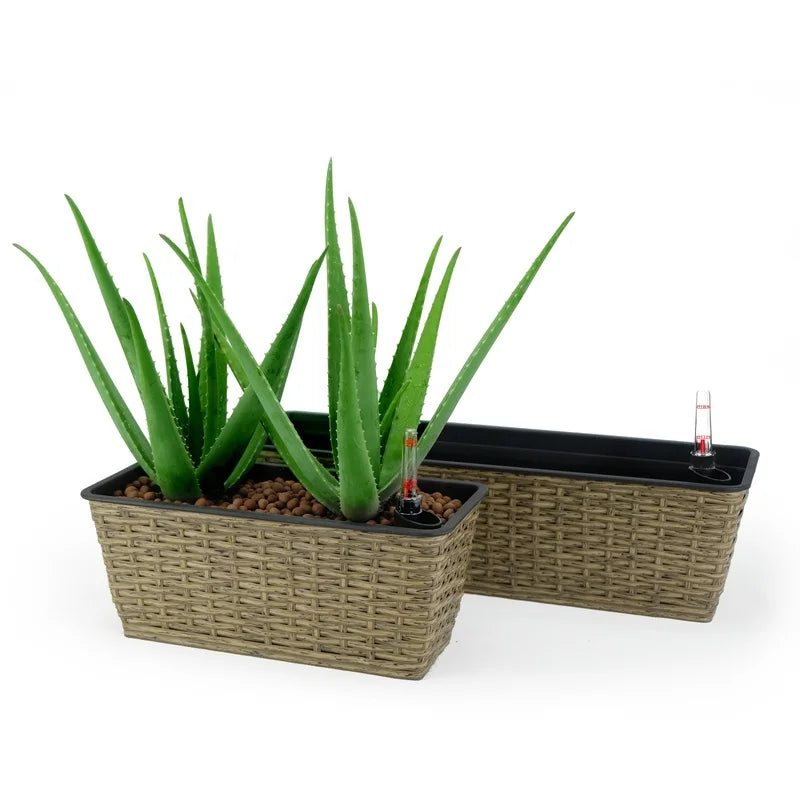 Smart Self-Watering Rectangle Planter 2-Pack, Handwoven Wicker, Brown, Indoor Outdoor Use