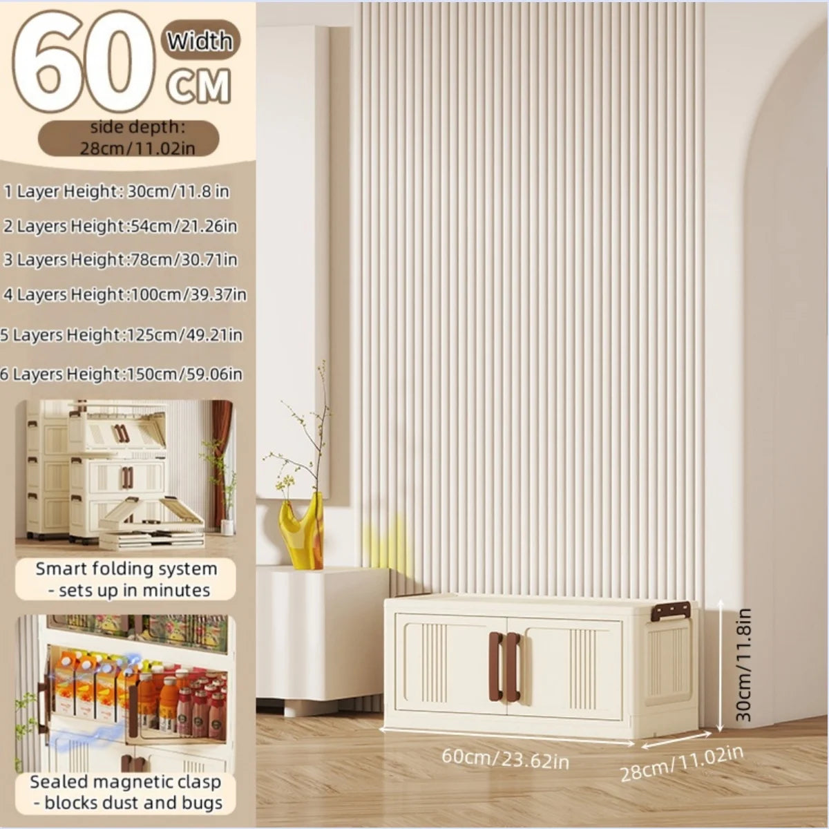 Foldable storage cabinet - movable multi-level double-door storage cabinet - living room and kitchen transparent storage box