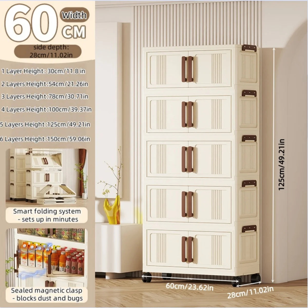 Foldable storage cabinet - movable multi-level double-door storage cabinet - living room and kitchen transparent storage box