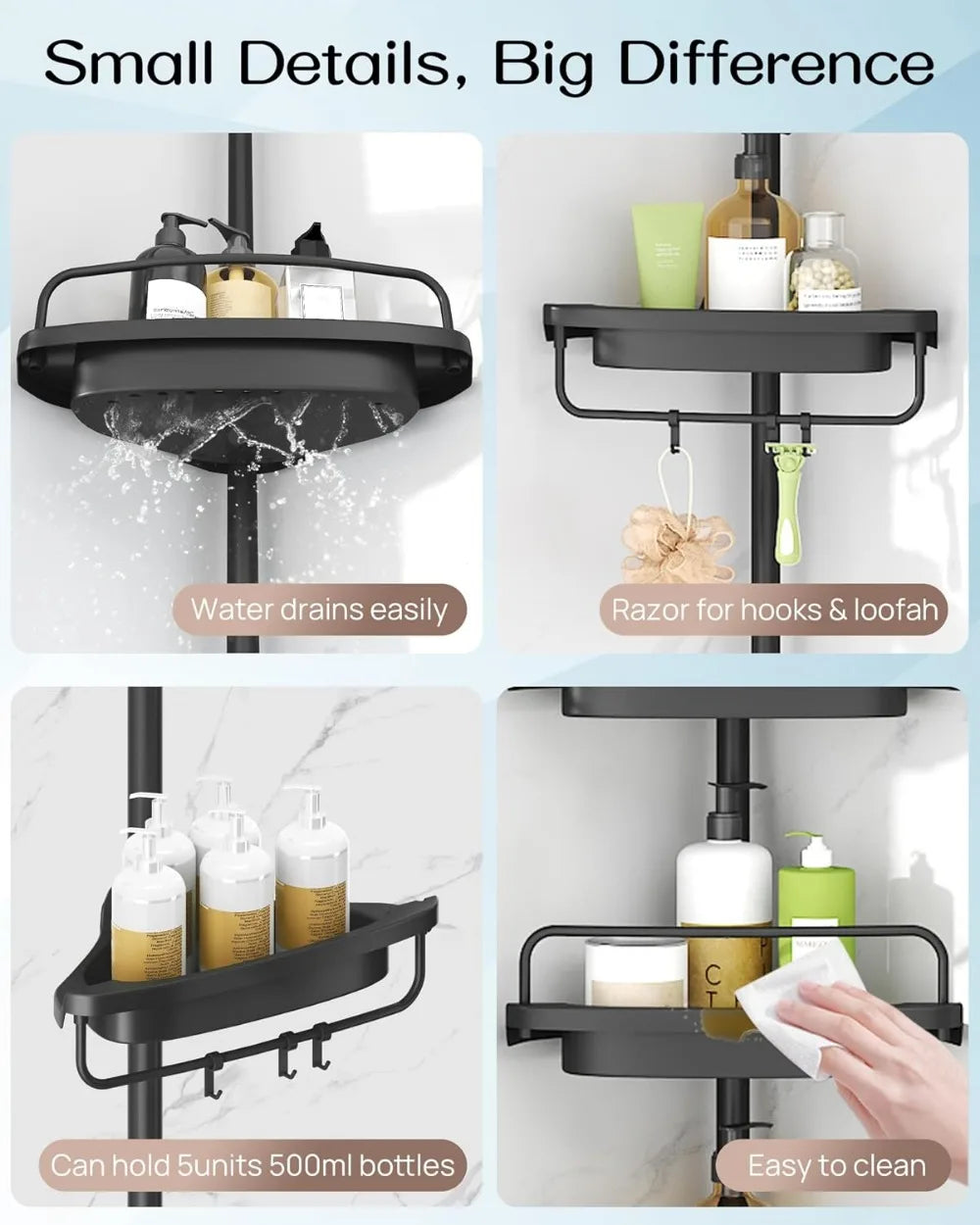 Corner Shower Caddy Tension Pole, 34-116 Inches, Rustproof Stainless Steel & 4-Tier Adjustable Shelves, Black