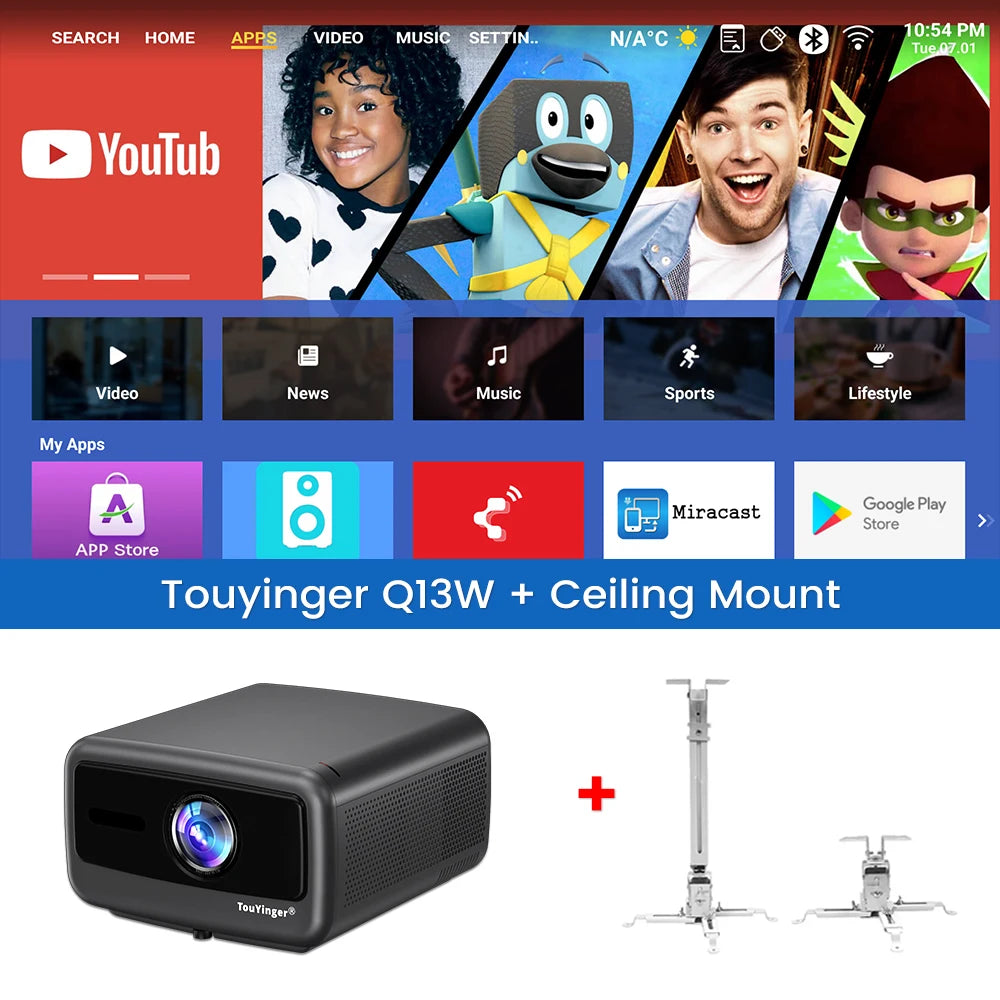 Touyinger Q13W 3800ANSI Full HD 4K Decoder Android 15 Support MEMC Smart TV Home Theater Fully Sealed Optical Projector